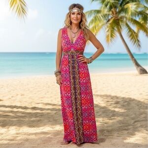 NWT NICOLE MILLER Ambae Mixed Print Maxi Dress w Sequin & Beaded Waistline 10